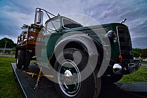 Vintage mack truck on a trailer at the memory lane car show in baraboo on June 4th 2022