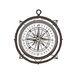 Vintage magnetic compass hand drawn with outlines on white background. Touristic instrument for navigation, orientation