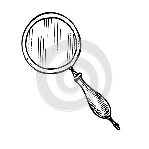 Vintage Magnifying Glass vector illustration. Hand drawn black drawing of old retro Magnifier on isolated white