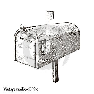 Vintage mailbox hand drawing engraving style