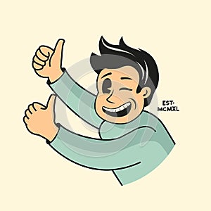 Vintage Male Character With Two Thumbs Up