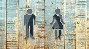 Vintage Male and Female Restroom Signs on Distressed Blue Wooden Background