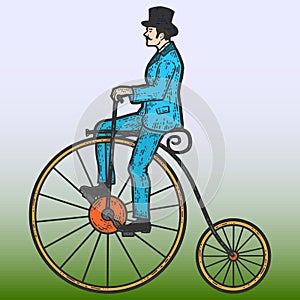 Vintage man on a high bike, penny farthing. Sketch scratch board imitation color.