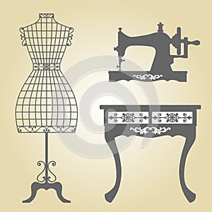 Vintage Mannequin and Sewing Machine Vector