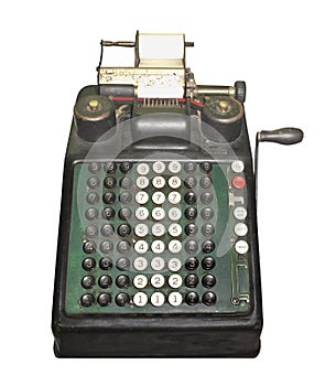 Vintage manual adding machine isolated photo