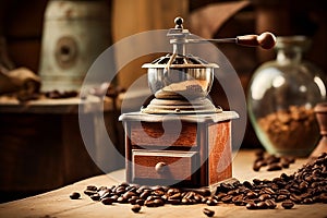 Vintage manual coffee grinder, coffee beans around