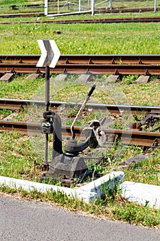 Vintage manual translator of railway arrows. The mechanism of the railway switch