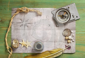 Vintage map and accessories for the treasure hunt