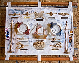 Vintage map and accessories for the treasure hunt and travel. Vintage sea chart on canvas