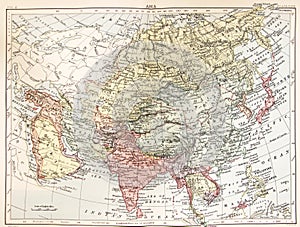 A vintage map of Asia in color from a vintage book Encyclopaedia Britannica by A. and C. Black, vol. 2, of 1875.