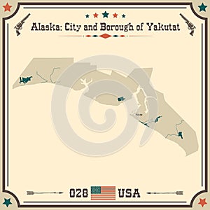 Vintage map of City and Borough of Yakutat in Alaska, USA.