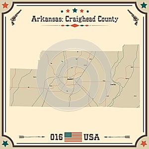 Vintage map of Craighead County in Arkansas, USA.