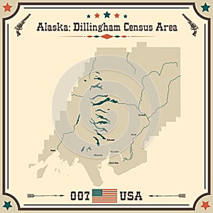 Vintage map of Dillingham Census Area in Alaska, USA.