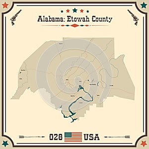 Vintage map of Etowah county in Alabama, USA.