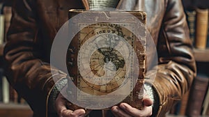 Vintage map in hand-bound leather book held by person. Antique style and feel, evokes adventure and discovery. Perfect