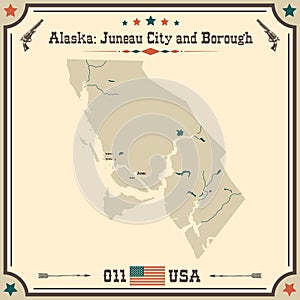 Vintage map of Juneau City and Borough in Alaska, USA.