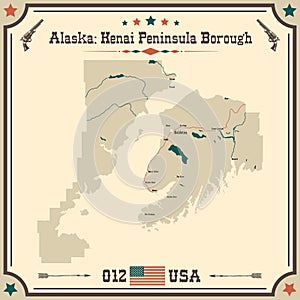 Vintage map of Kenai Peninsula Borough in Alaska, USA.