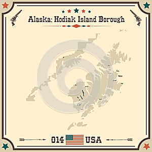 Vintage map of Kodiak Island Borough in Alaska, USA.