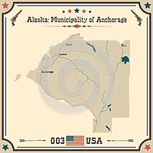 Vintage map of Municipality of Anchorage in Alaska, USA.