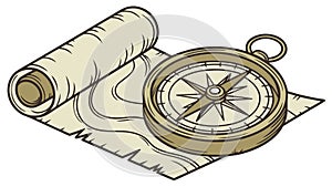 Vintage map scroll and compass, for ancient explorations. vector design Generative AI