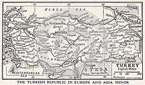 Vintage map of The Turkish Republic in Europe and Asia Minor.