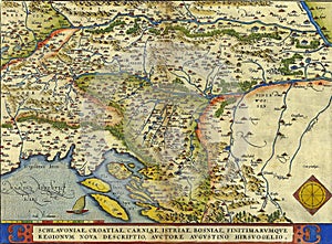 A vintage map of the western Balkans (Slovenia, Croatia, Bosnia, Istria, Carnia) by Abraham Ortelius photo