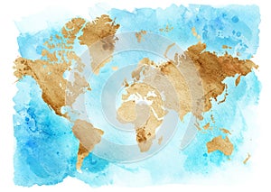 Vintage map of the world on a blue background. Watercolor illustration.