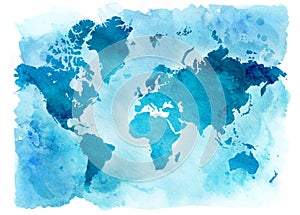 Vintage map of the world on a blue background. Watercolor illustration.