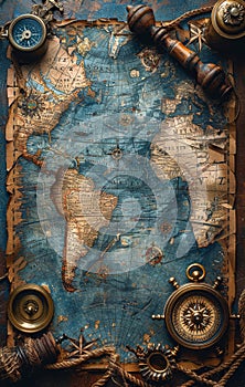 A vintage map of the world with a compass and a pocket watch on top of it