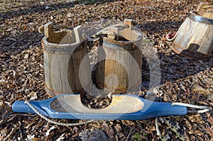 Vintage Maple Sap Buckets and Shoulder Bucket Carrier