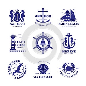 Vintage marine labels. Navy emblem, sailor typography badges. Decor with lighthouse, anchor, ship. Nautical signs, sea