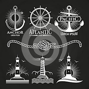 Vintage marine nautical logos and emblems with lighthouses anchors rope