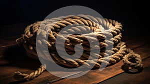 Vintage Marine Rope Coil on Wooden Background AI Generated