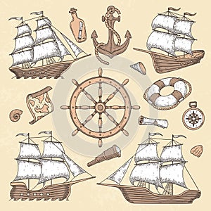 Vintage marine ships. Old cartouche frame, ship anchor and sea wheel with ancient compass. Ocean sailboat retro vector