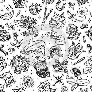 Vintage marine tattoos seamless pattern