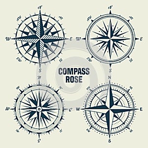 Vintage marine wind rose, nautical chart. Monochrome navigational compass with cardinal directions of North, East, South