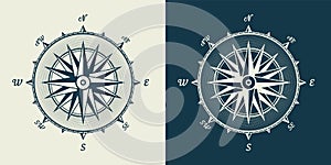 Vintage marine wind rose, nautical chart. Monochrome navigational compass with cardinal directions of North, East, South