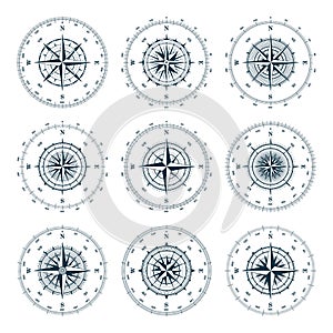 Vintage marine wind rose, nautical chart. Monochrome navigational compass with cardinal directions of North, East, South