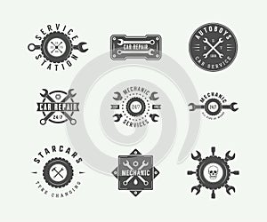 Vintage mechanic and car service logos, emblems, badges, labels, marks, prints and posters. Vector Illustration.