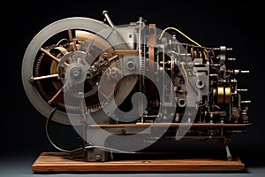 vintage mechanical apparatus showcasing intricate gears, levers and cables with a dark background to