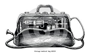 Vintage medical bag hand drawing engraving style