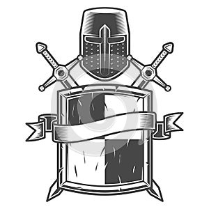 Vintage medieval knight emblem. Crusader helmet shield swords and ribbon isolated vector illustration photo