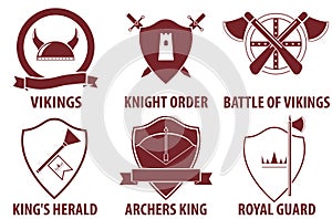 Vintage medieval warrior emblems isolated on white background. Viking, knight, king medieval labels.