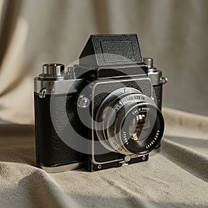 Vintage medium format camera with a black and silver body, featuring a classic