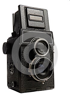 Vintage medium format film camera with two lenses close-up on a white background