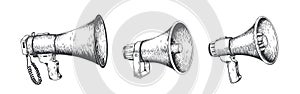 Vintage megaphone. Hand drawn loud speaker for announcements, bullhorn sketch news or public attention. Vector message