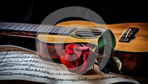 Vintage memories with a classical guitar a red rose and a musical score Generative AI Illustration
