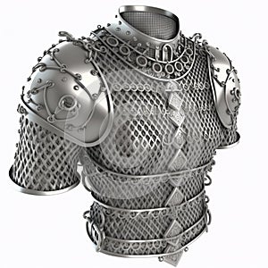 Vintage metal armor, helmet and chain mail of a medieval warrior knight isolated on white