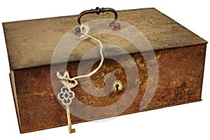 Vintage metal box with key isolated on white