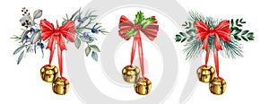Vintage metal golden jingle bells with traditional winter floral decor set. Watercolor illustration. Christmas metal